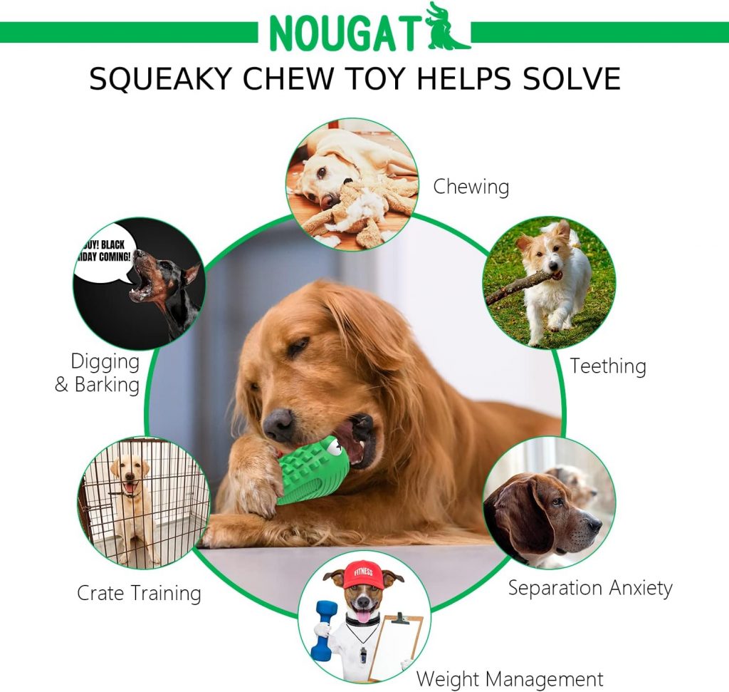 NOUGAT Tough Dog Toys for Aggressive Chewers, Squeaky Dog Chew Toys Natural Rubber Milk Flavor for Medium Large Dogs (Green, Crocodile)