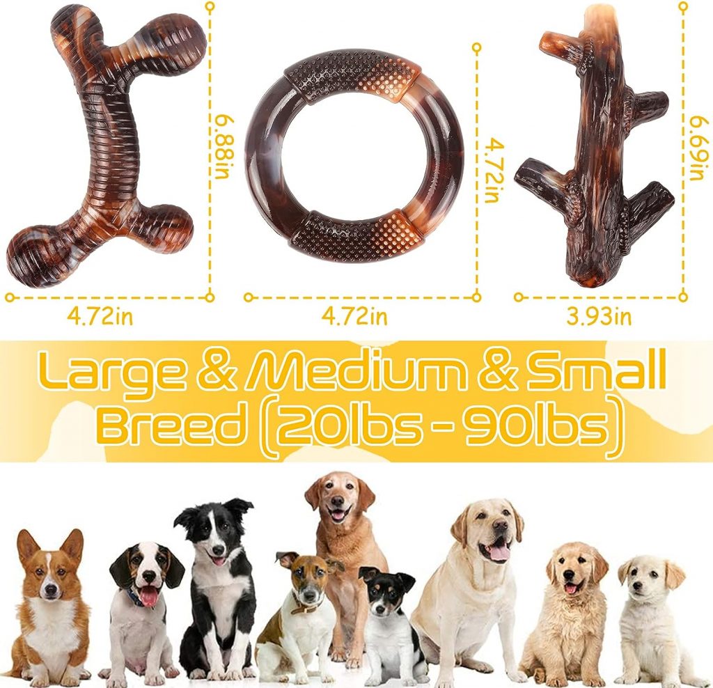 Zimtty Dog Toys, 3 Pack Indestructible Dog Chew Toys for Aggressive Chewers, Durable Tough Nylon Real Bacon Flavor Teething Chew Toys for Large Medium Small Dog (Brown1)