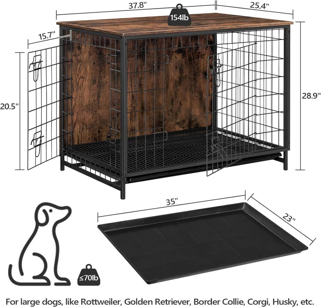 ALLOSWELL Dog Crate Furniture, Wooden Dog Kennel with Removable Tray, Heavy-Duty Dog Cage End Table with Double Doors, Indoor Dog House for Small/Medium/Large Dogs, 25.2 L, Rustic Brown DCHR0101
