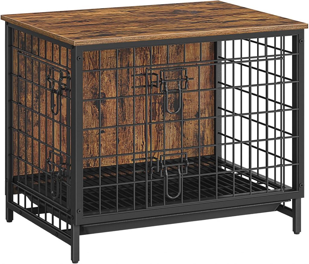 ALLOSWELL Dog Crate Furniture, Wooden Dog Kennel with Removable Tray, Heavy-Duty Dog Cage End Table with Double Doors, Indoor Dog House for Small/Medium/Large Dogs, 25.2 L, Rustic Brown DCHR0101