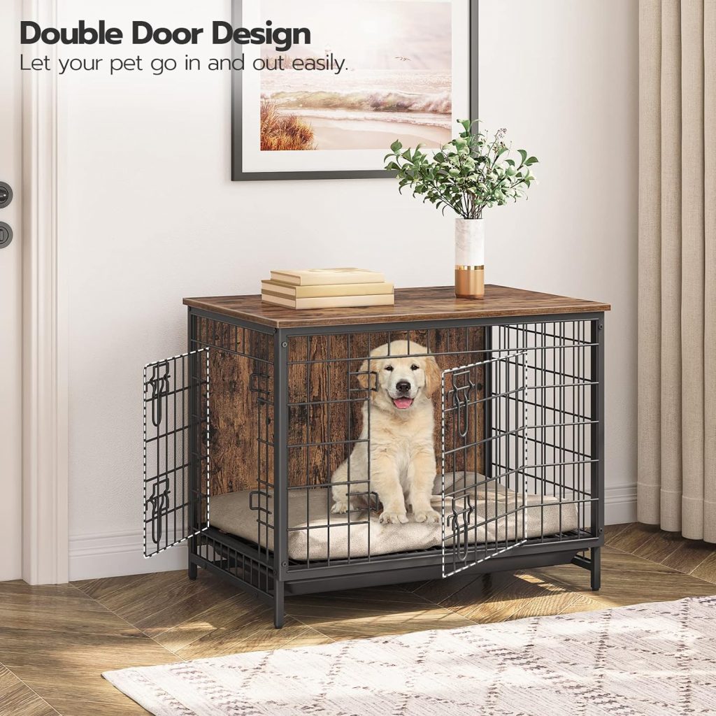 ALLOSWELL Dog Crate Furniture, Wooden Dog Kennel with Removable Tray, Heavy-Duty Dog Cage End Table with Double Doors, Indoor Dog House for Small/Medium/Large Dogs, 25.2 L, Rustic Brown DCHR0101