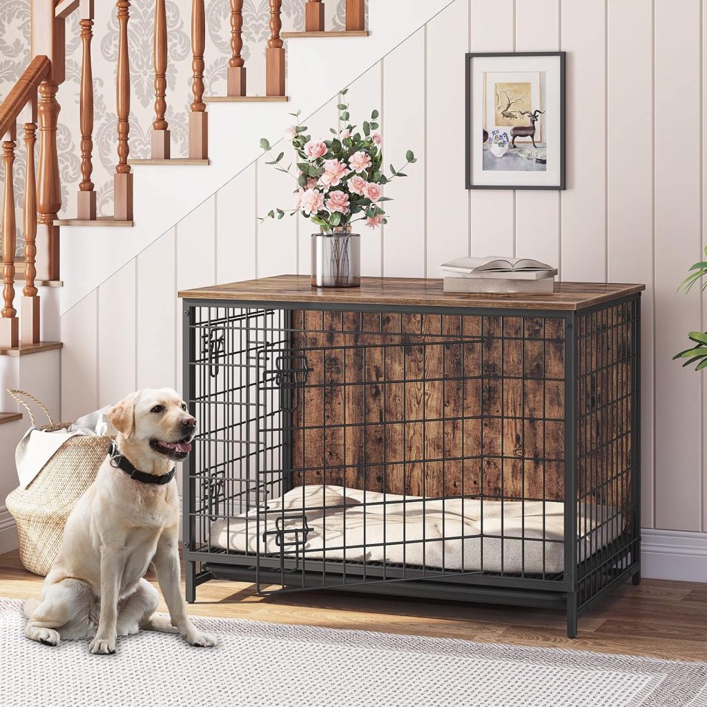 ALLOSWELL Dog Crate Furniture, Wooden Dog Kennel with Removable Tray, Heavy-Duty Dog Cage End Table with Double Doors, Indoor Dog House for Small/Medium/Large Dogs, 25.2 L, Rustic Brown DCHR0101