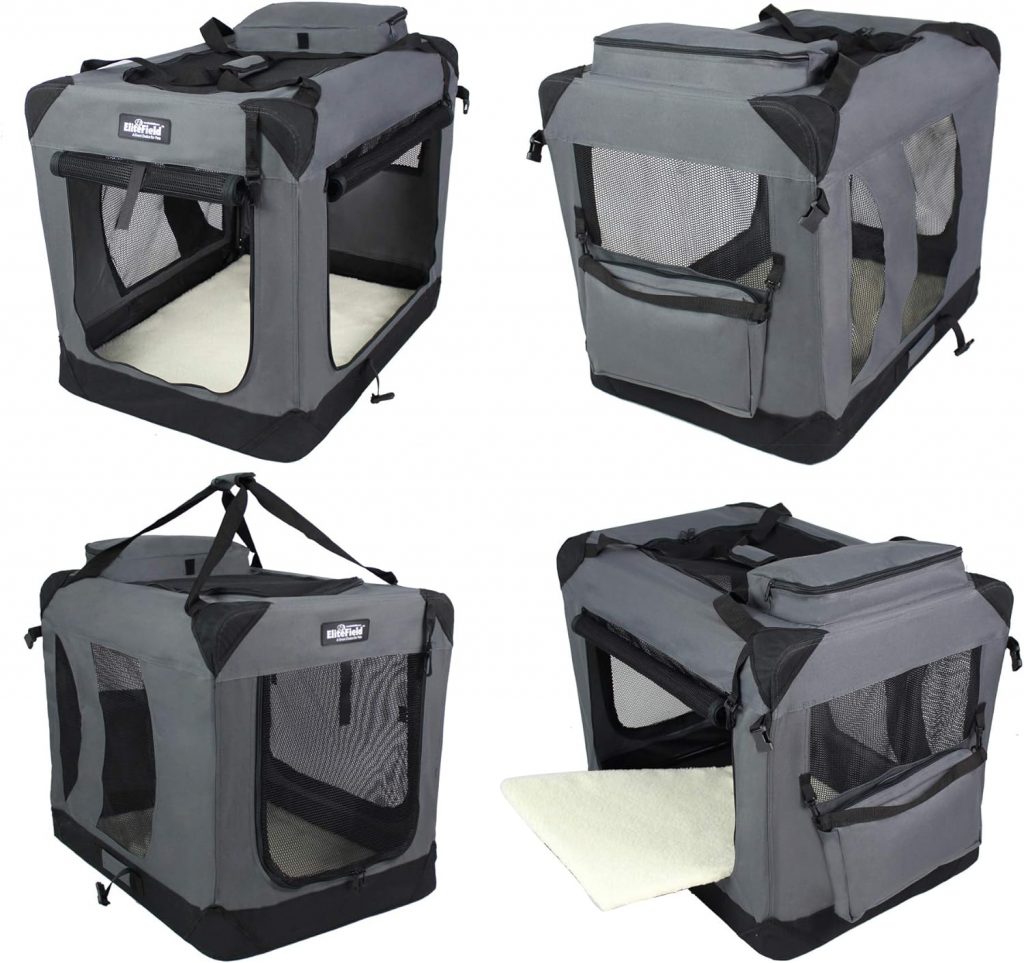 EliteField 3-Door Folding Soft Dog Crate with Carrying Bag and Fleece Bed (2 Year Warranty), Indoor Outdoor Pet Home (36 L x 24 W x 28 H, Gray)