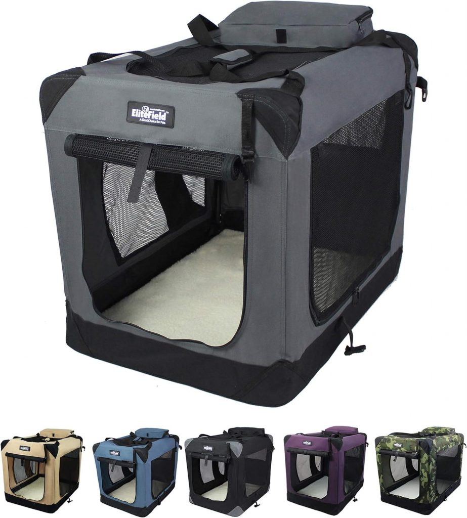 EliteField 3-Door Folding Soft Dog Crate with Carrying Bag and Fleece Bed (2 Year Warranty), Indoor Outdoor Pet Home (36 L x 24 W x 28 H, Gray)