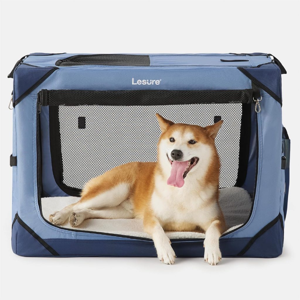 Lesure Collapsible Dog Crate - Portable Dog Travel Crate Kennel for Medium Dog, 4-Door Pet Crate with Durable Mesh Windows, Indoor Outdoor (Blue)