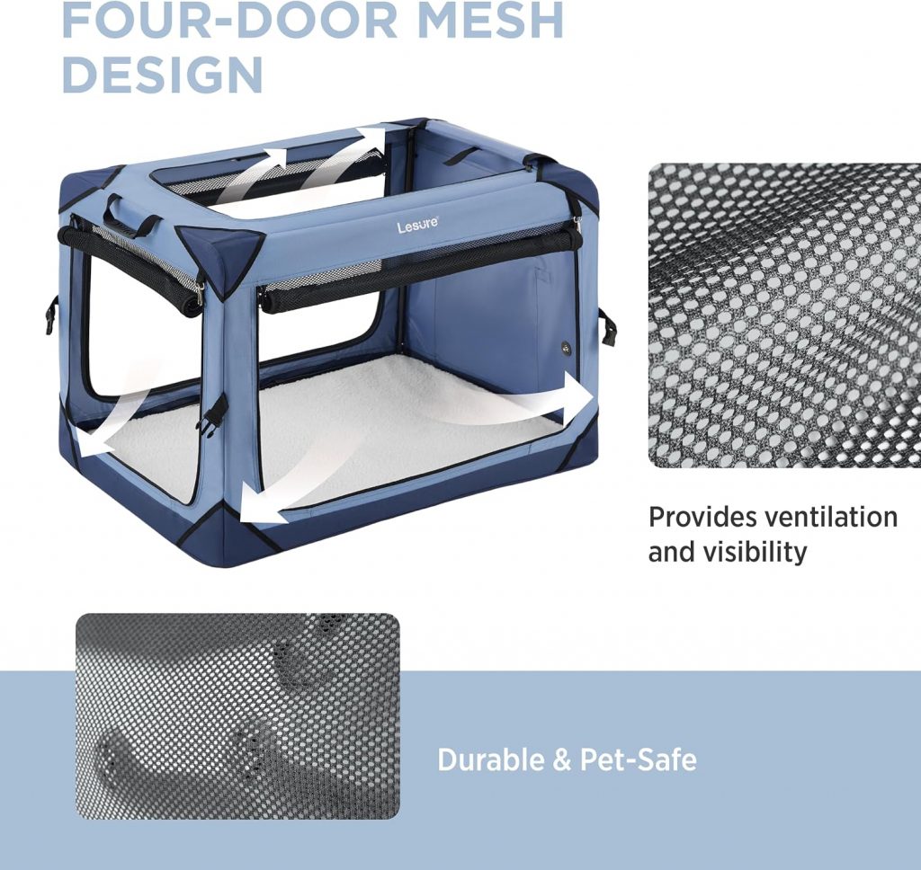 Lesure Collapsible Dog Crate - Portable Dog Travel Crate Kennel for Medium Dog, 4-Door Pet Crate with Durable Mesh Windows, Indoor Outdoor (Blue)